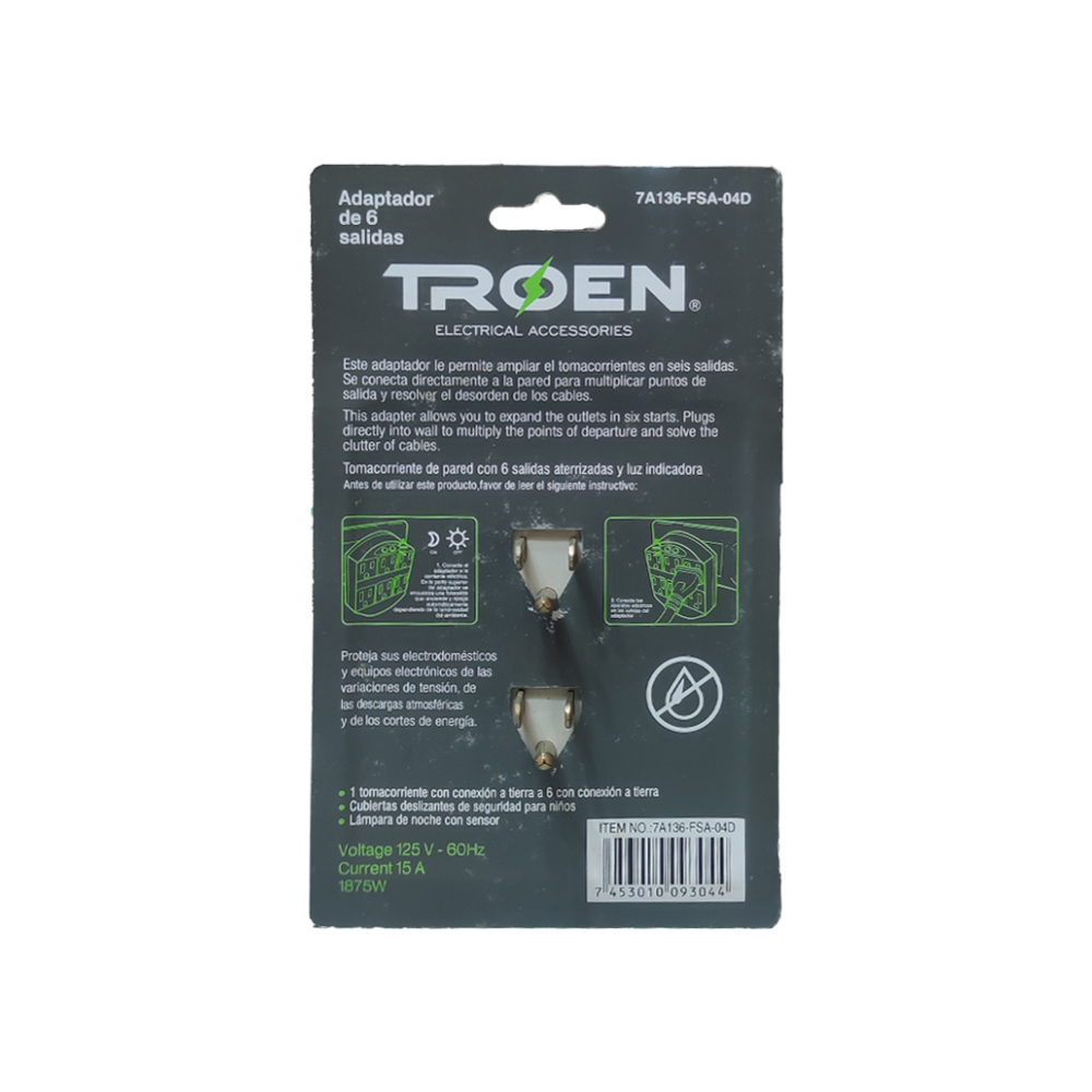 Adaptador de 6 vías para enchufe tomacorriente Troen (125 V / 15 A) - Miniatura 4