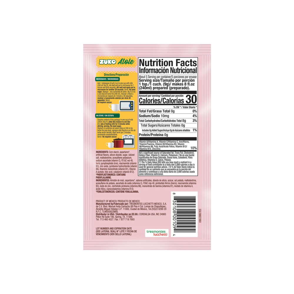 Polvo de fécula de maíz para preparar atole sabor fresa Zuko (45 g / 1.6 oz) - Miniatura 2