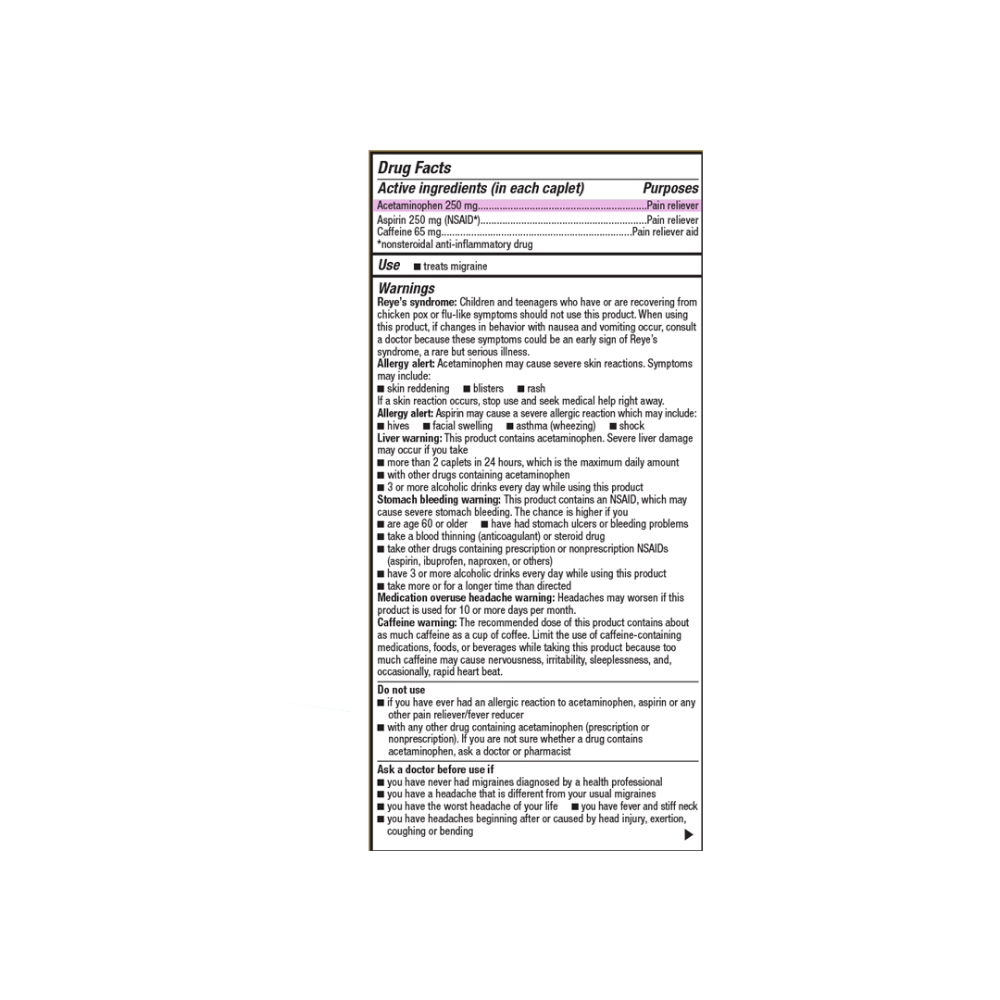 Fórmula para alivio de la migraña: Paracetamol 250 mg + Aspirina 250 mg + Cafeína 65 mg GoodSense (100 tabletas) - Miniatura 2