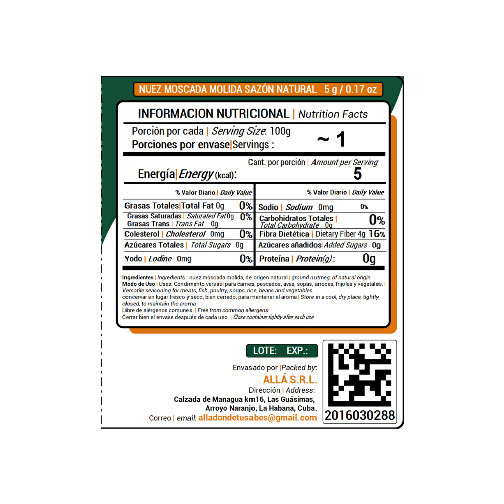 Nuez moscada molida sazón natural ALLÁ (5 g) - Miniatura 4