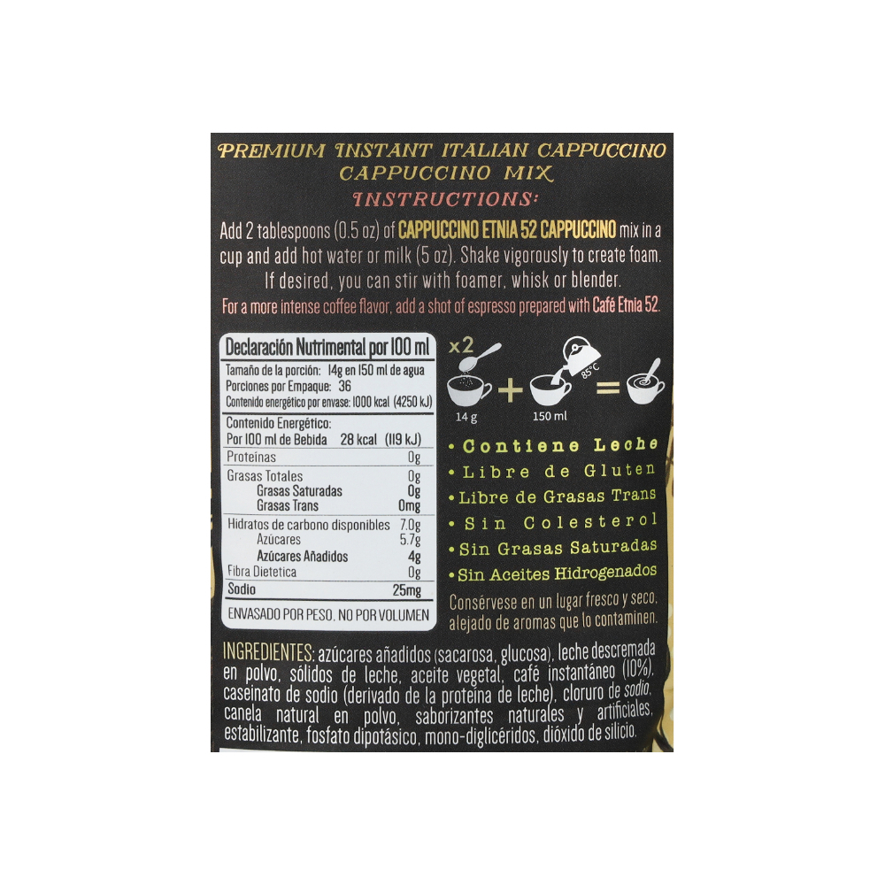 Polvo instantáneo para preparar bebida de café capuchino sabor capuchino italiano Etnia 52 (500 g / 1.1 lb) - Miniatura 3