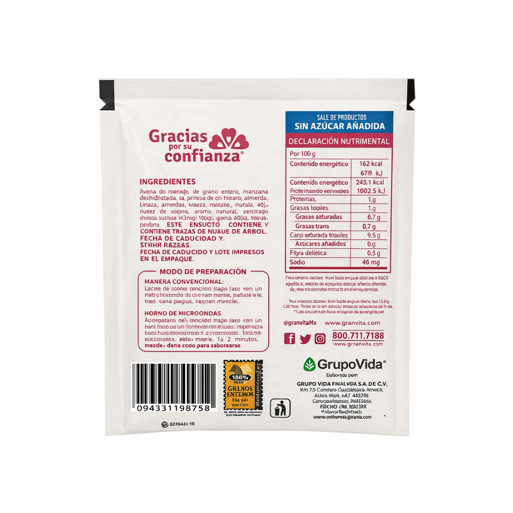 Avena integral instantánea sin azúcar sabor fresa con crema Granvita (35 g / 1.23 oz) - Miniatura 3