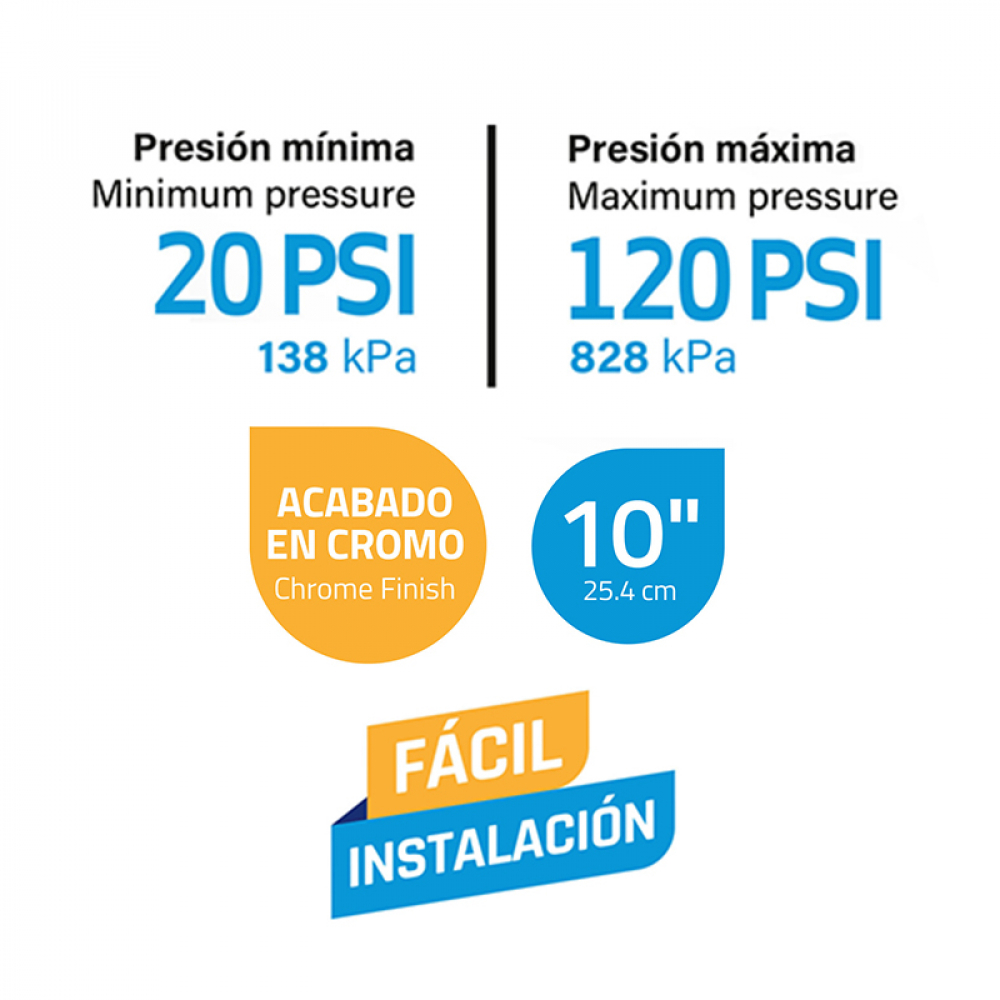 Regadera -ducha- cuadrada de 10" tipo lluvia acabado en cromo Griven - Miniatura 3