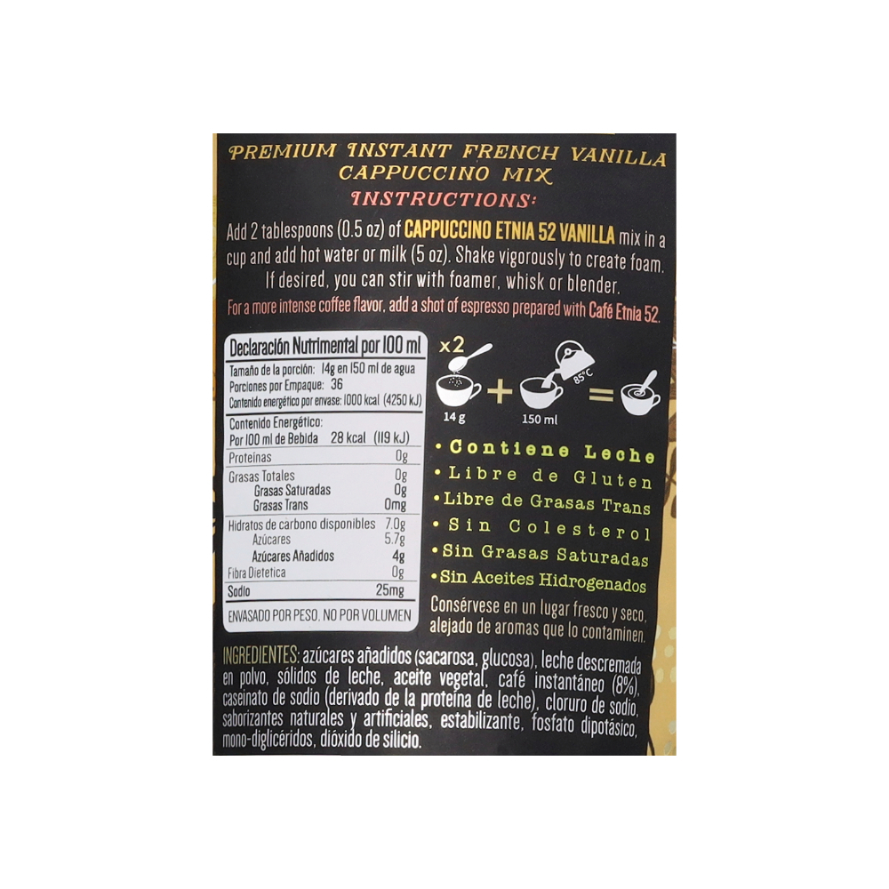 Polvo instantáneo para preparar bebida de café capuchino sabor vainilla francesa Etnia 52 (500 g / 1.1 lb) - Miniatura 3