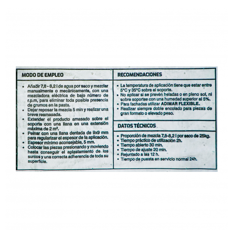 Adhesivo cementoso porcelámico gris Adimar (25 kg / 55.11 lb) - Miniatura 3