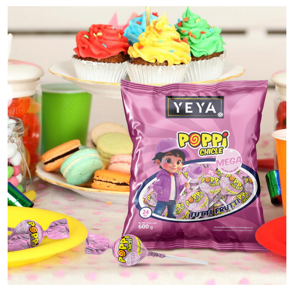 Chupa chupas con relleno de chicle sabor tutti frutti YEYA (5 x 600 g / 1.32 lb) - Miniatura 3