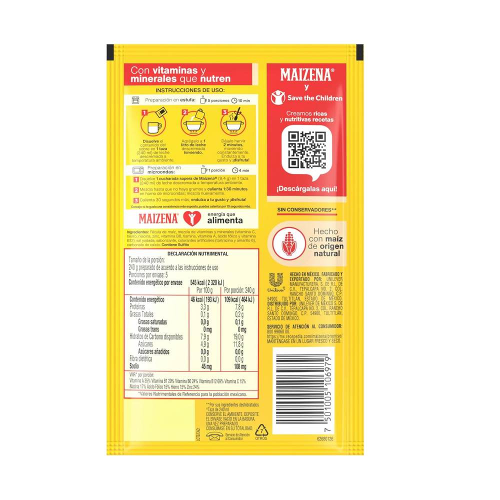 Fécula de maiz para preparar atole fortificado sabor vainilla Maizena (47 g / 1.65 oz) - Miniatura 2