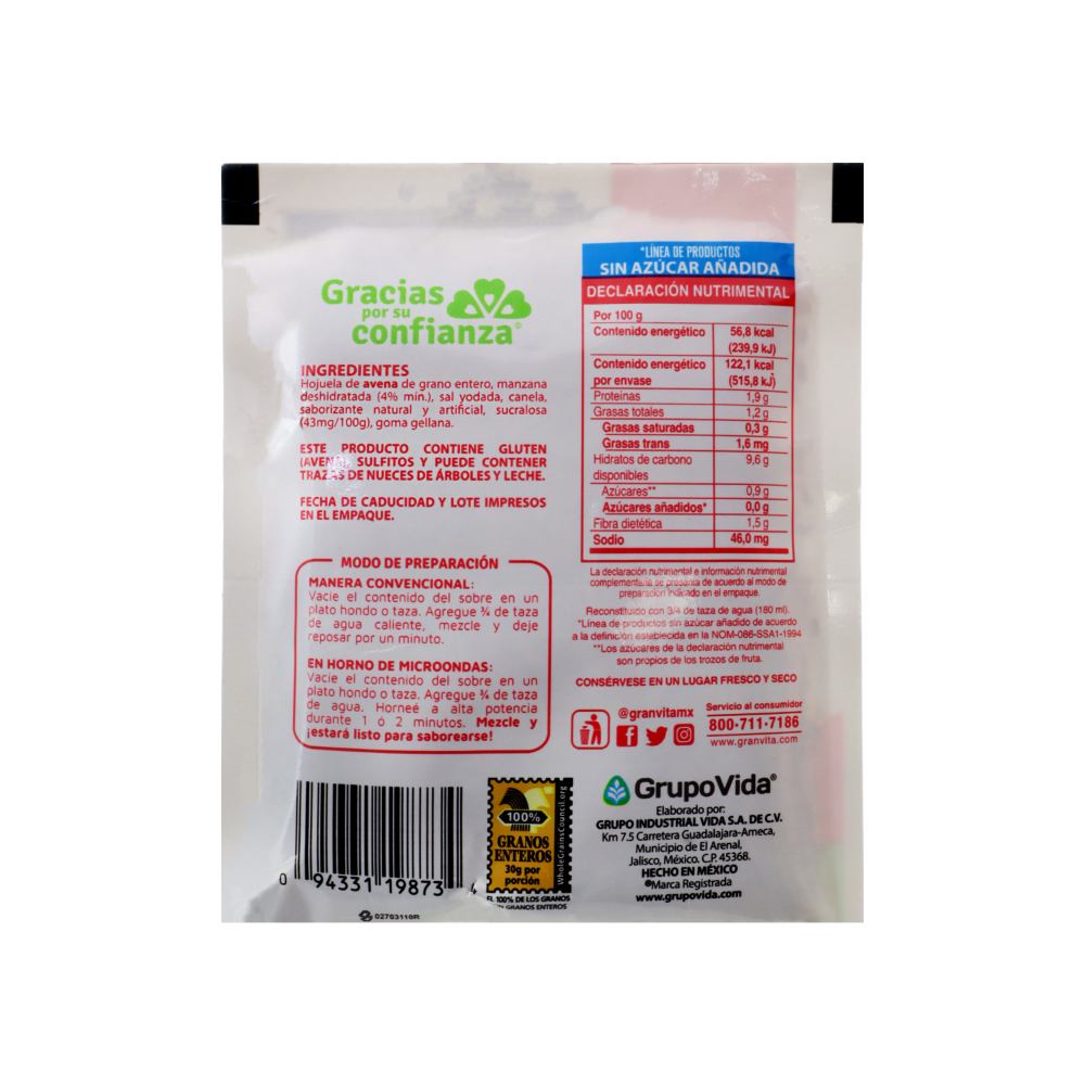 Avena integral instantánea sin azúcar sabor manzana con canela Granvita (35 g / 1.23 oz) - Miniatura 4