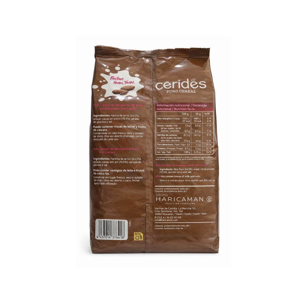 Cereal de arroz inflado con sabor a chocolate Ceridés (500 g / 1.1 lb) - Miniatura 3