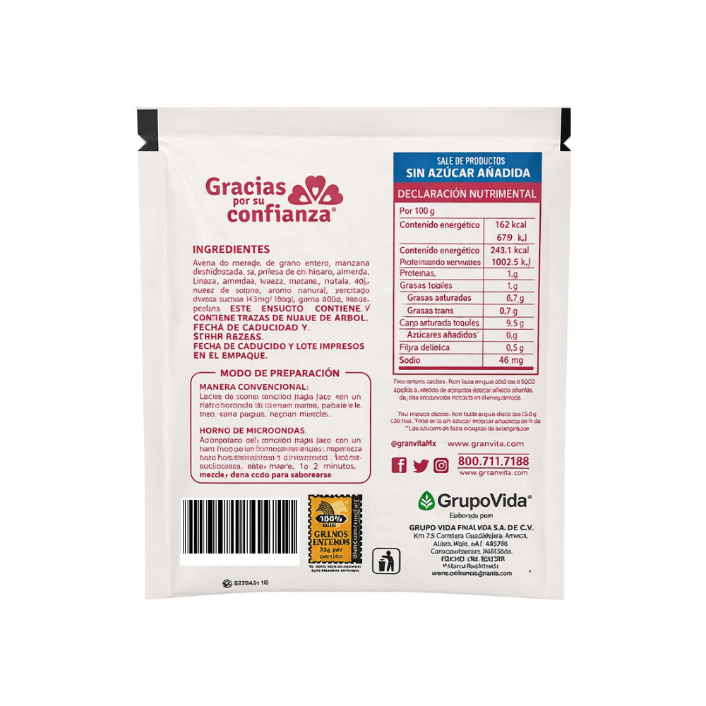 Avena integral instantánea sin azúcar sabor manzana con canela Granvita (35 g / 1.23 oz) - Miniatura 3