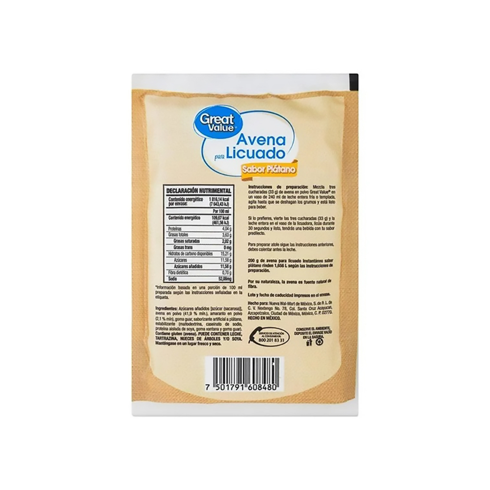 Avena para licuado instantáneo sabor plátano Great Value (200 g / 7.05 oz) - Miniatura 4