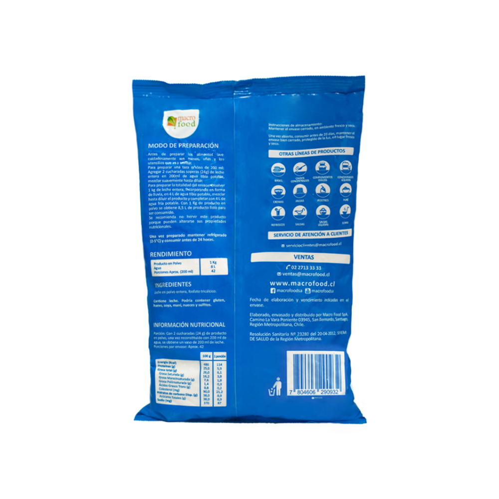 Leche entera en polvo Macro Food (1 kg / 2.2 lb) - Miniatura 4