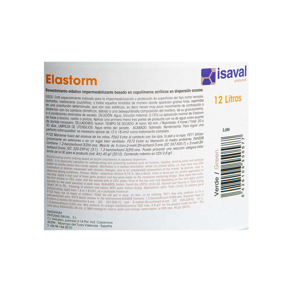 Pintura elástica impermeabilizante color verde Elastorm Blancolor Isaval (12 L) - Miniatura 4