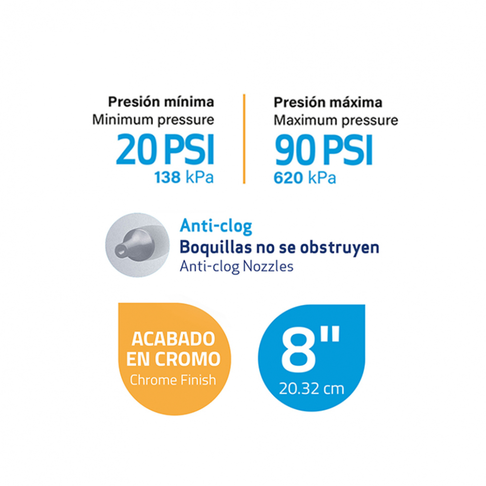 Regadera cuadrada para ducha de 8". Tipo lluvia con acabado en cromo Griven - Miniatura 3