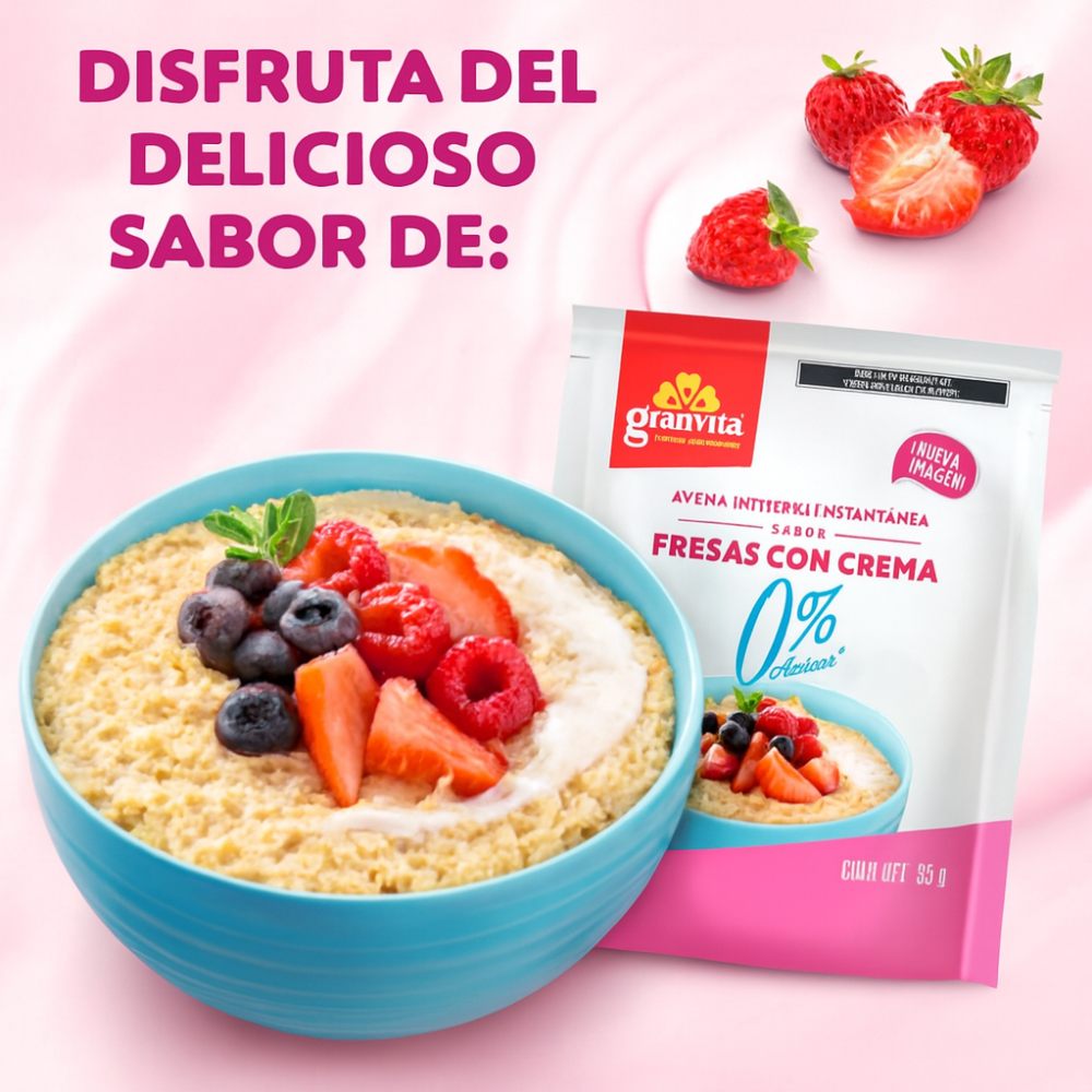 Avena integral instantánea sin azúcar sabor fresa con crema Granvita (35 g / 1.23 oz) - Miniatura 4