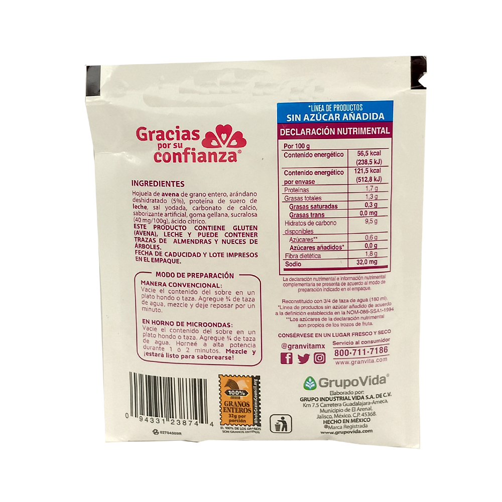 Avena instantánea integral sin azúcar sabor arádanos Ganvita (35 g / 1.23 oz) - Miniatura 3