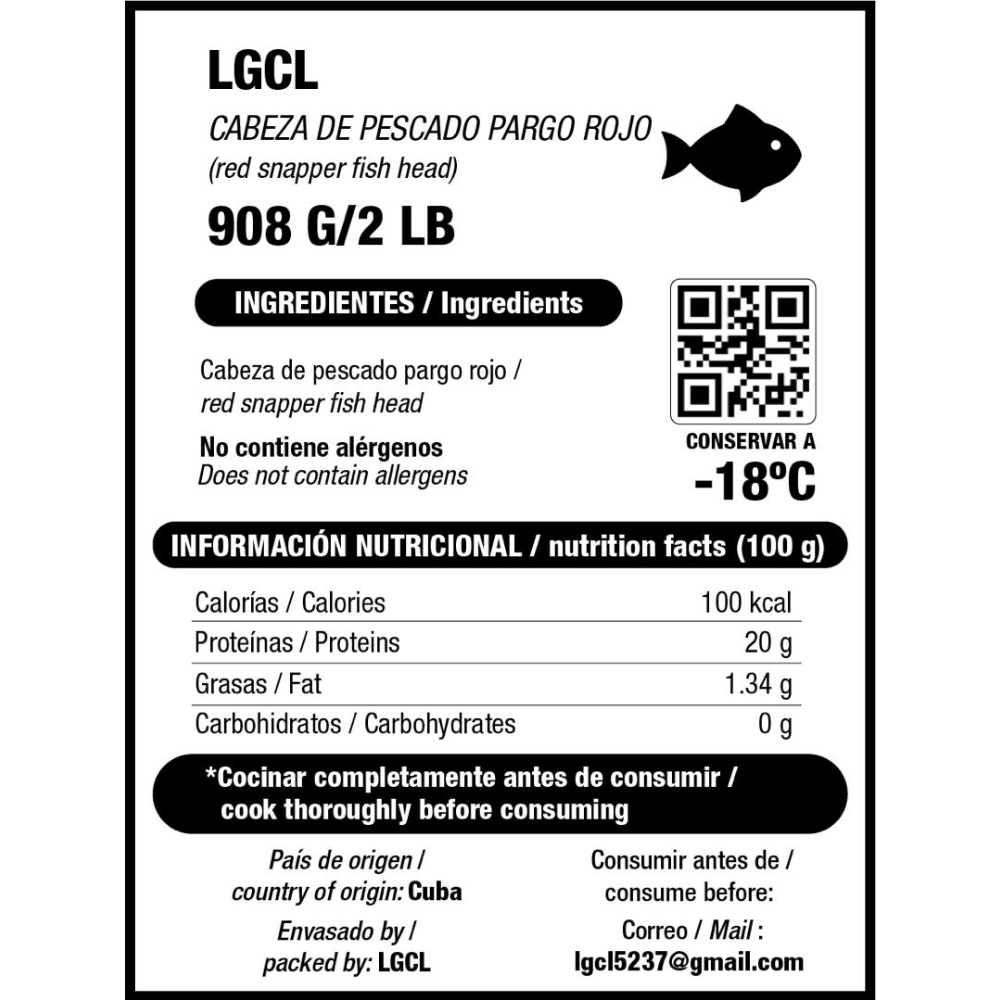 Cabeza de pescado pargo rojo LGCL (908 g / 2 lb) - Miniatura 3