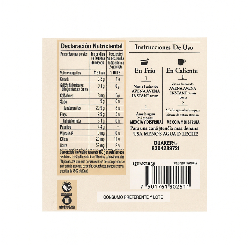 Cereal de avena integral sin azúcar sabor manzana y canela Quaker (35 g / 1.23 oz) - Miniatura 2