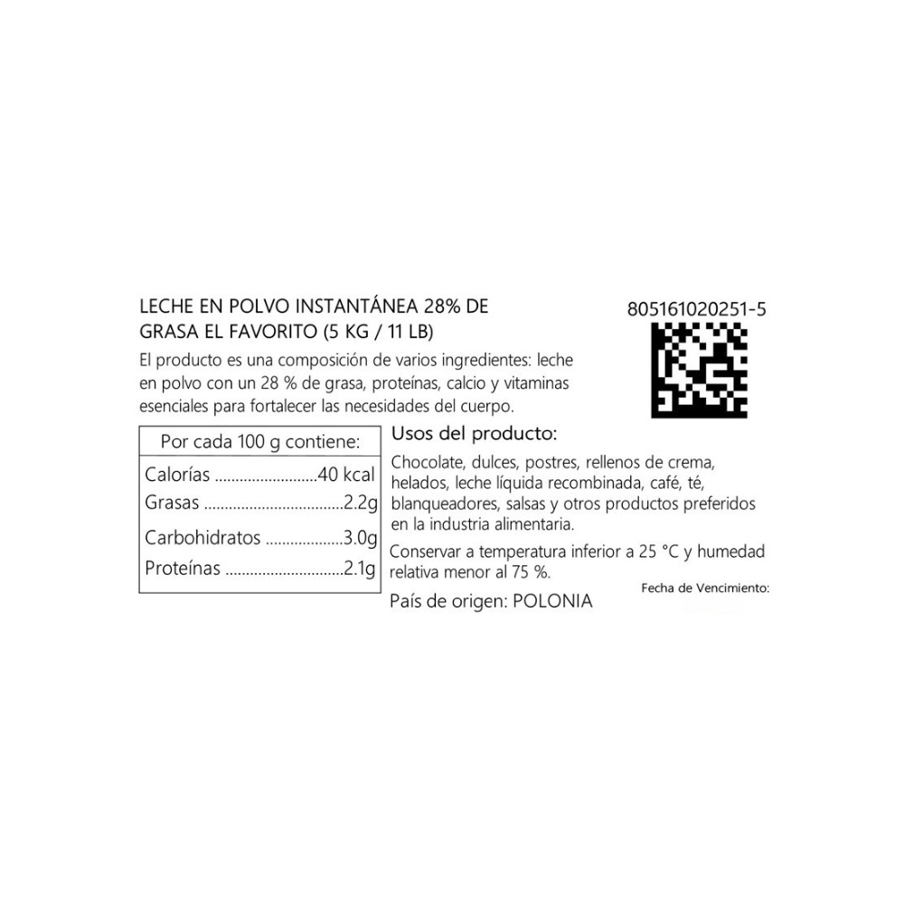 Leche en polvo instantánea 28% de grasa El Favorito (5 kg / 11 lb) - Miniatura 3