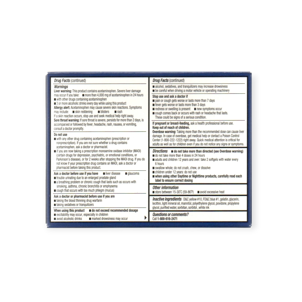 Alivio nocturno para el resfriado y la gripe. Acetaminofén 325 mg + Dextrometorfano HBr 15 mg + Succinato de doxilamina 6.25 mg (16 cápsulas blandas) - Miniatura 2