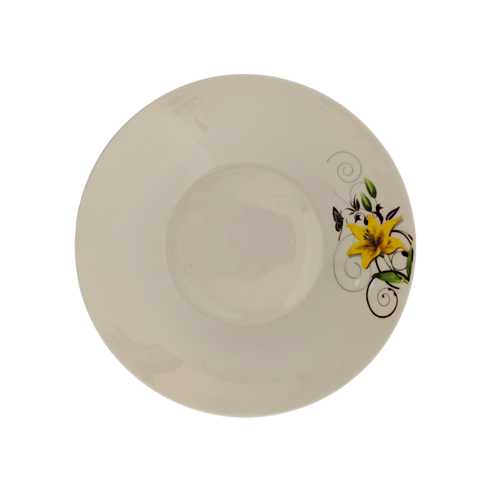 Plato mediano hondo de cerámica blanco con flor al relieve color amarillo Mukhi - Miniatura 4