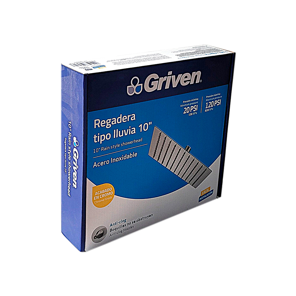 Regadera -ducha- cuadrada de 10" tipo lluvia acabado en cromo Griven - Miniatura 4