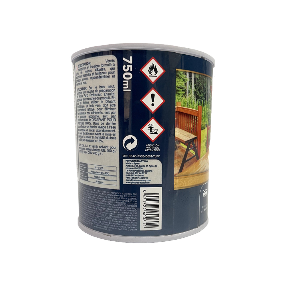 Barniz brillo profesional incoloro para maderas base disolvente Macy (750 ml) - Miniatura 2