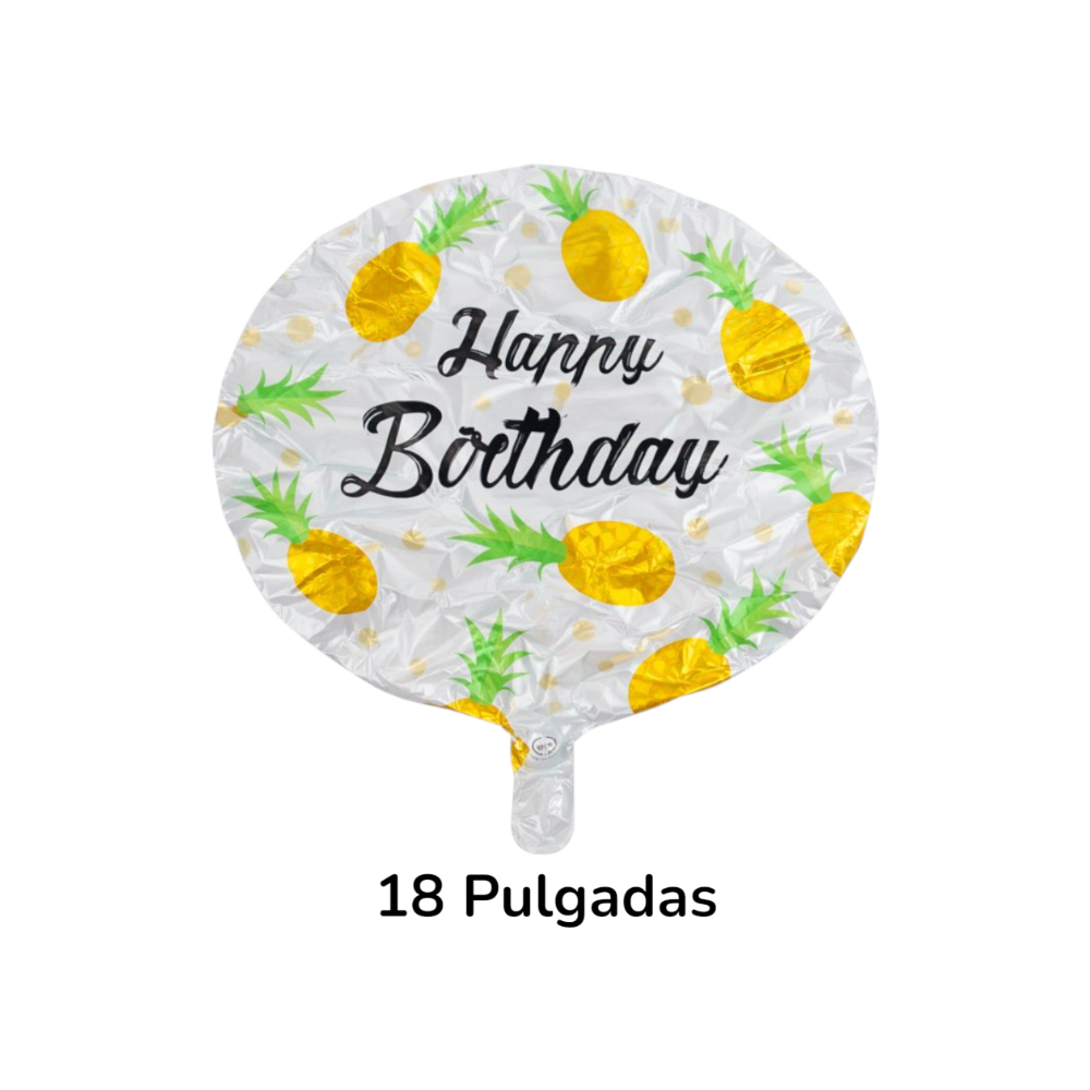 Globo con cartel de Happy Birthday y diseño con piñas amarillas 18 pulgadas Ballon - Miniatura 3