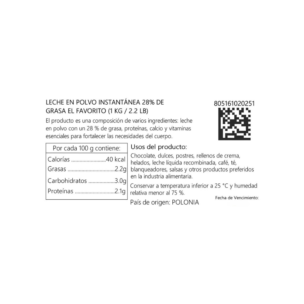 Leche en polvo instantánea 28% de grasa El Favorito (5 x 1 kg / 2.2 lb) - Miniatura 3