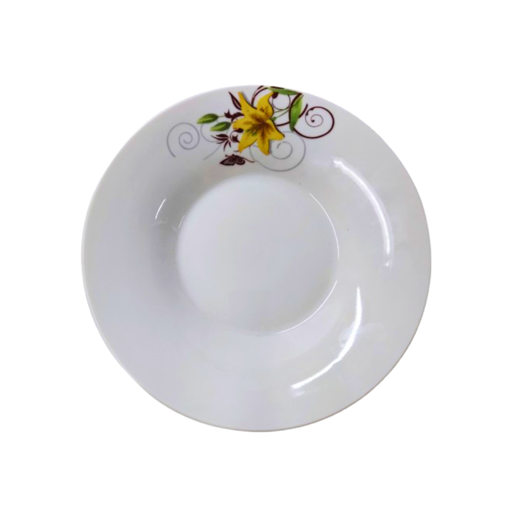 Plato mediano hondo de cerámica blanco con flor al relieve color amarillo Mukhi - Miniatura 3