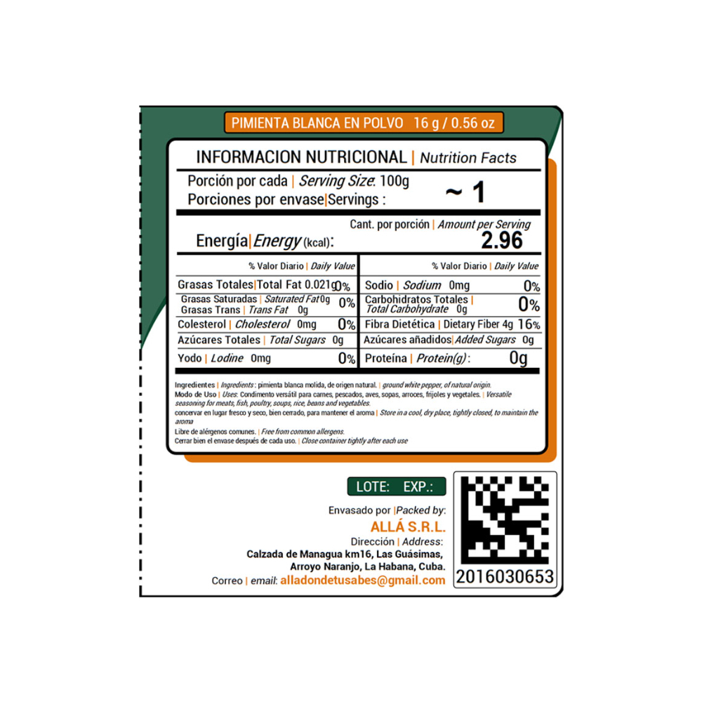 Pimienta blanca en polvo ALLÁ (16 g) - Miniatura 3