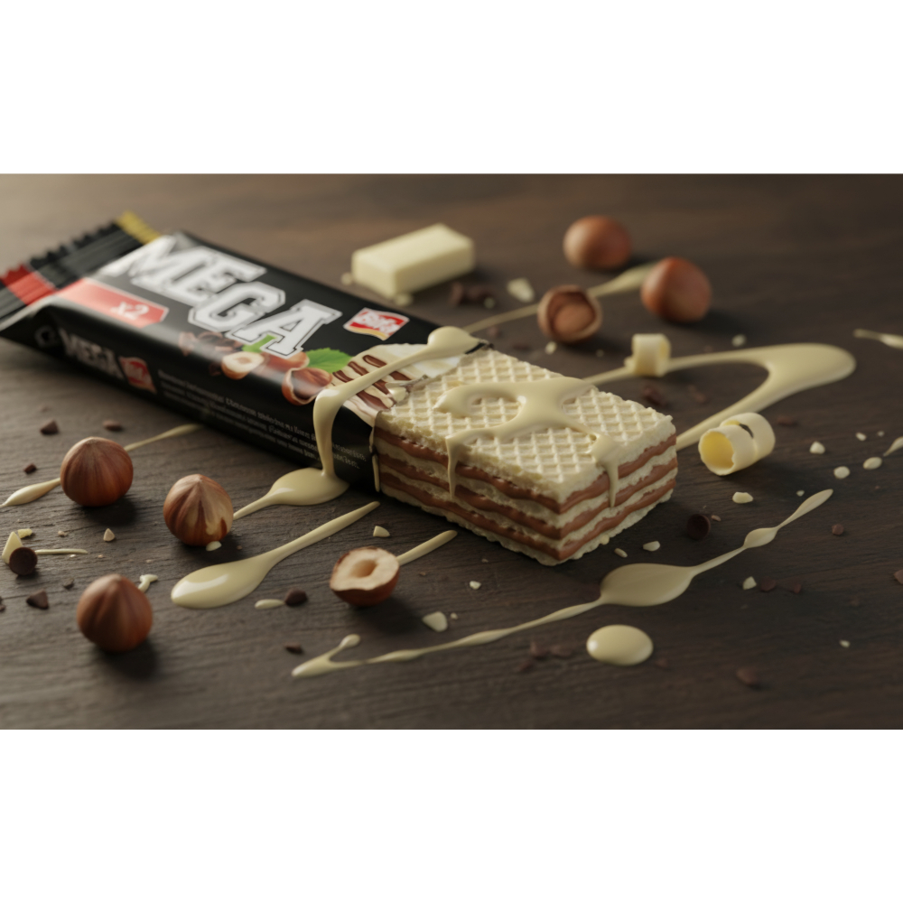 Wafer rellena de crema de cacao con avellana y cubierta de chocolate blanco Mega Bifa (100 g / 3.52 oz) - Miniatura 4