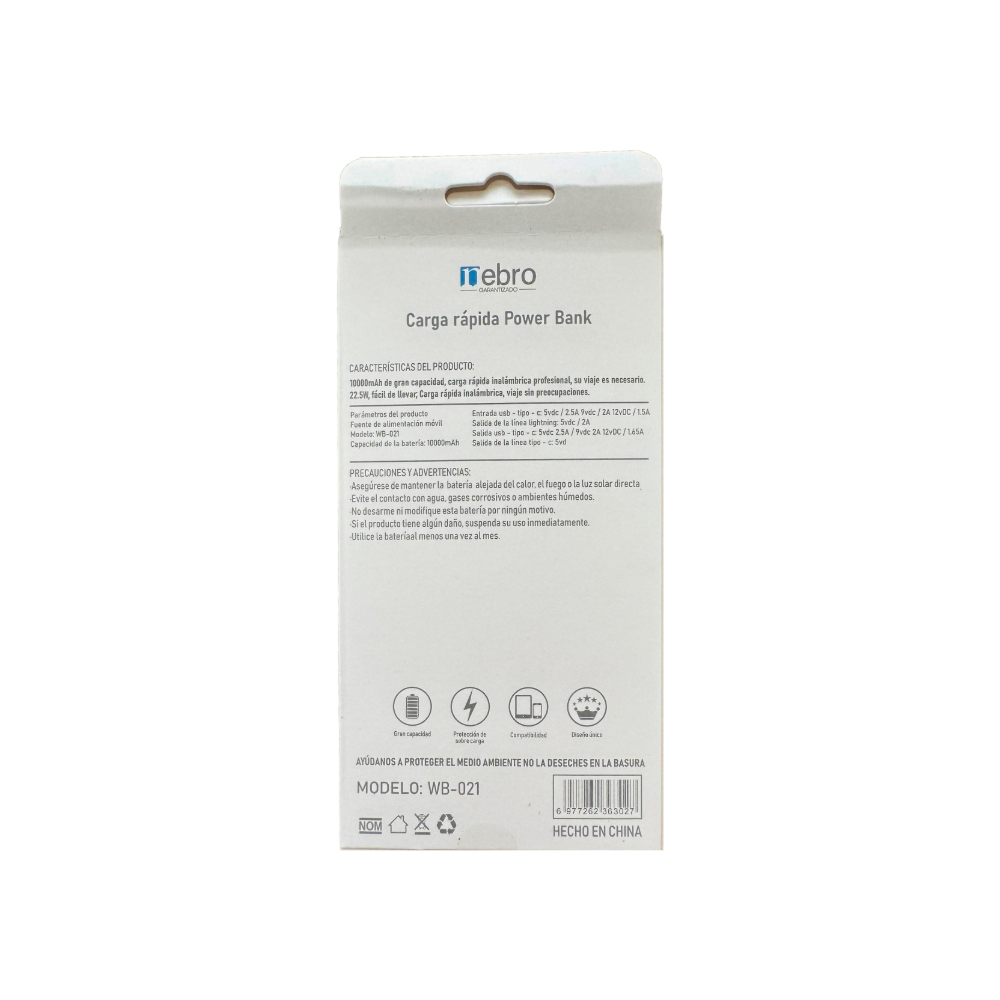 Batería portátil de carga rápida de 10000 mAh color blanco Nebro WB-021 - Miniatura 3