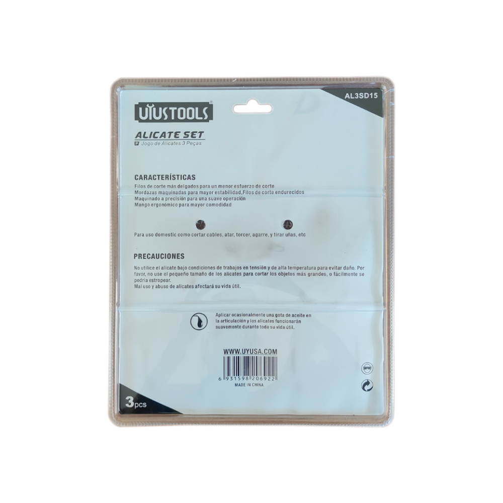 Set de 3 alicates - pinzas - punta larga, universal y de corte diagonal Uyustools - Miniatura 3