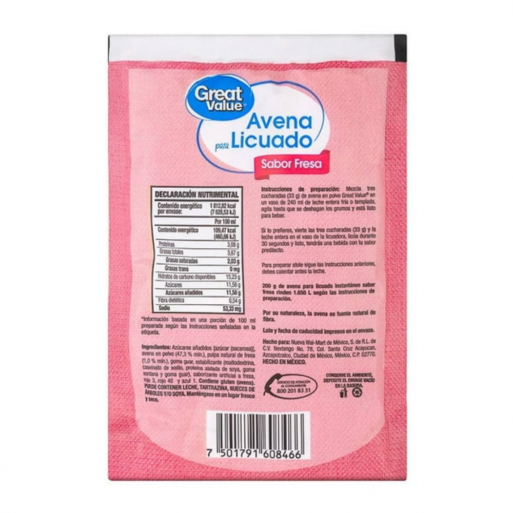 Avena para licuado sabor fresa Great Value (200 g / 7.05 oz) - Miniatura 2