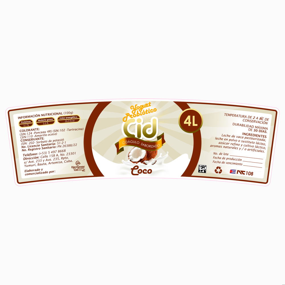 Yogurt probiótico de coágulo saborizado de coco Cid (4 L) - Miniatura 2