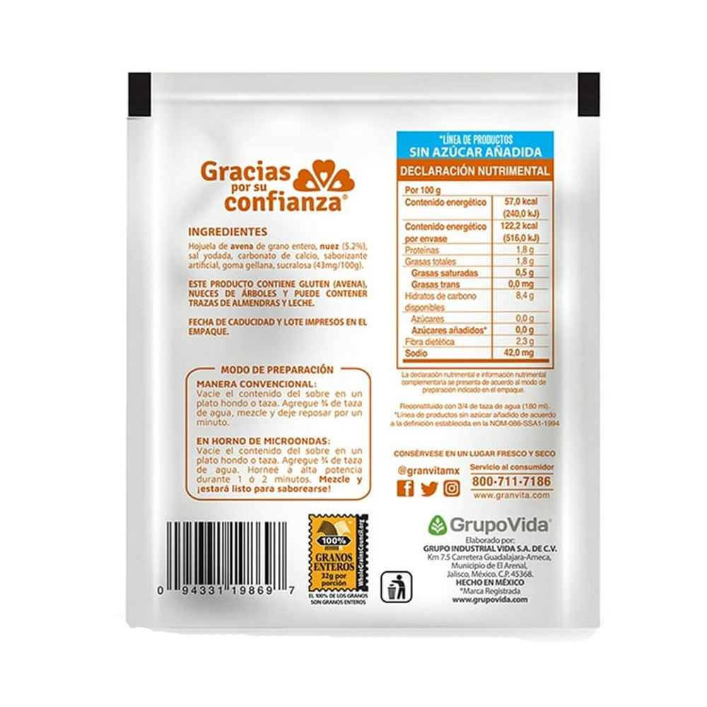 Avena integral instantánea sabor miel con nuez Granvita (35 g / 1.23 oz) - Miniatura 2