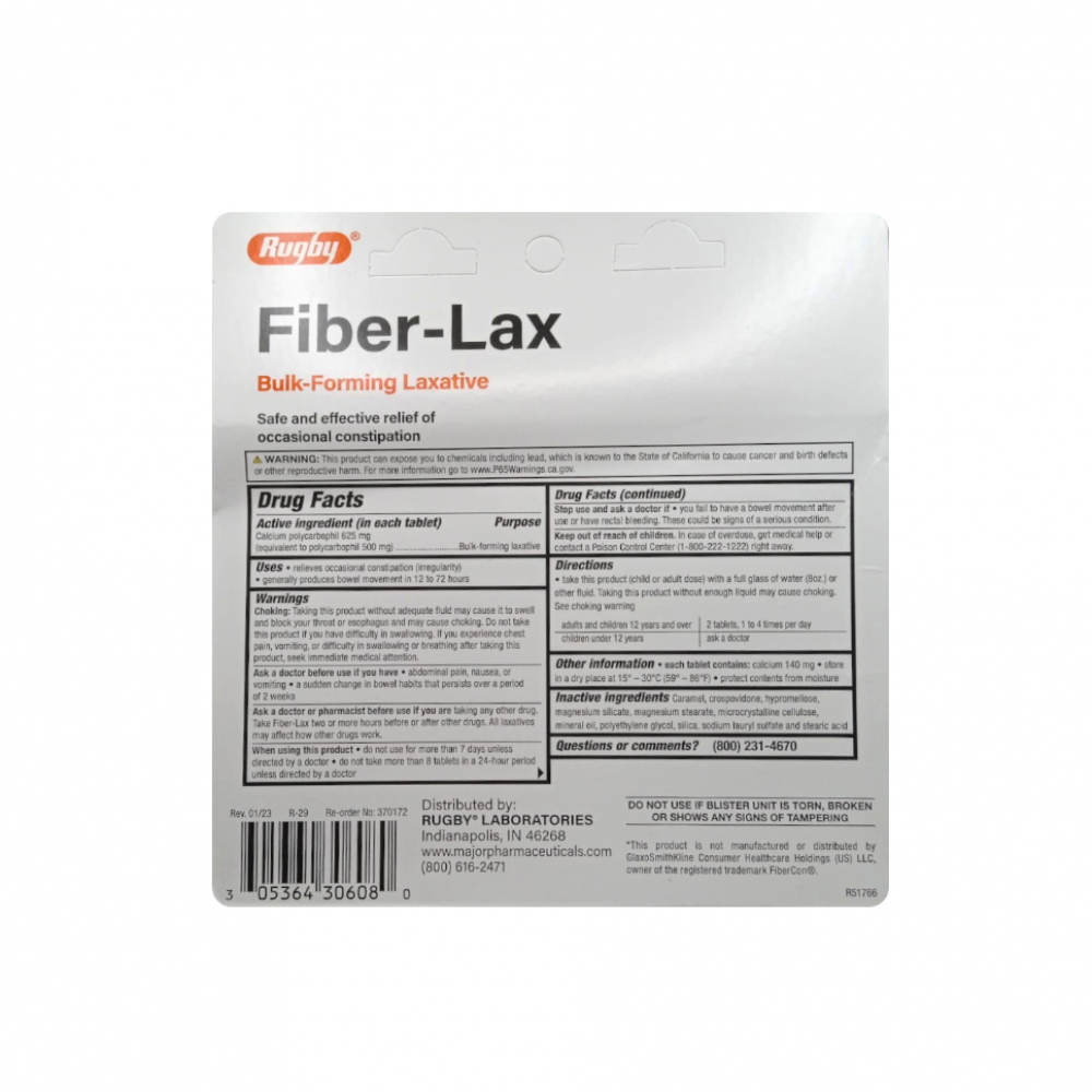Fiber-Lax. Policarbófilo de calcio 625 mg Rugby (60 tabletas) - Miniatura 2