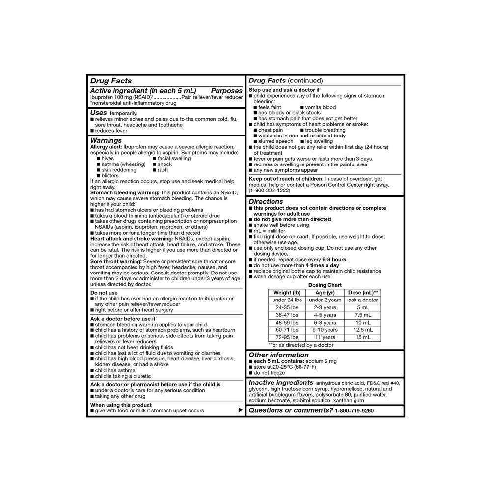 Ibuprofeno en suspensión oral para niños con sabor a chicle 100 mg / 5 ml Equate (237 ml / 8 fl.oz) - Miniatura 2
