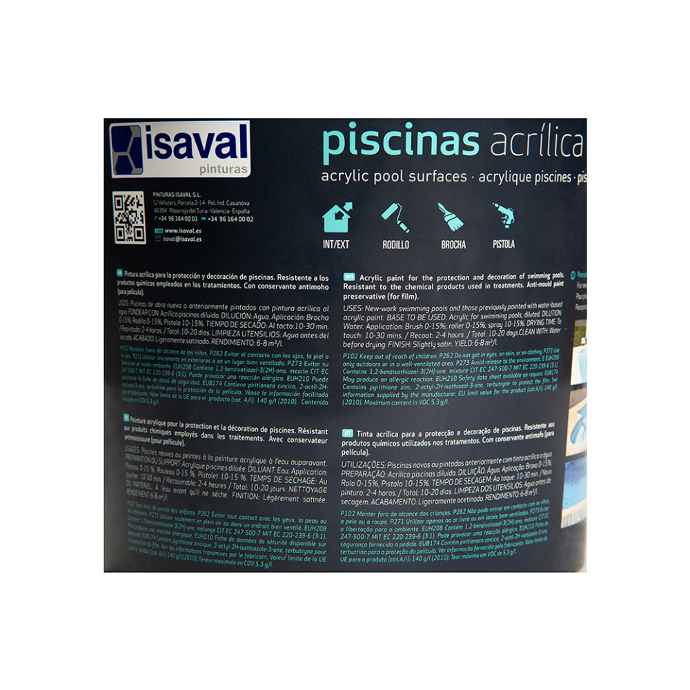 Pintura acrílica al agua para piscinas color azul Isaval (5 kg / 11 lb) - Miniatura 4