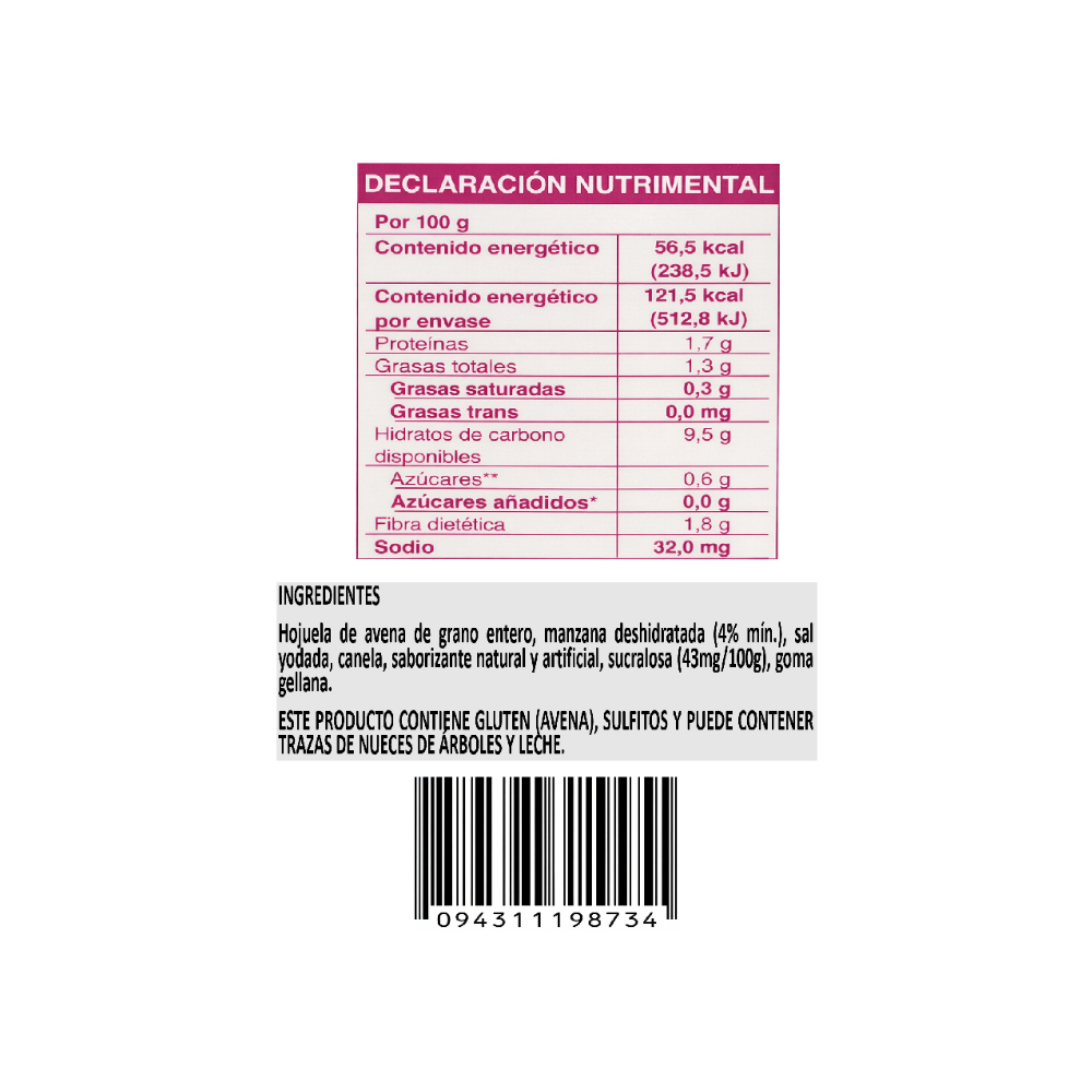 Avena integral instantánea sin azúcar sabor manzana con canela Granvita (35 g / 1.23 oz) - Miniatura 2