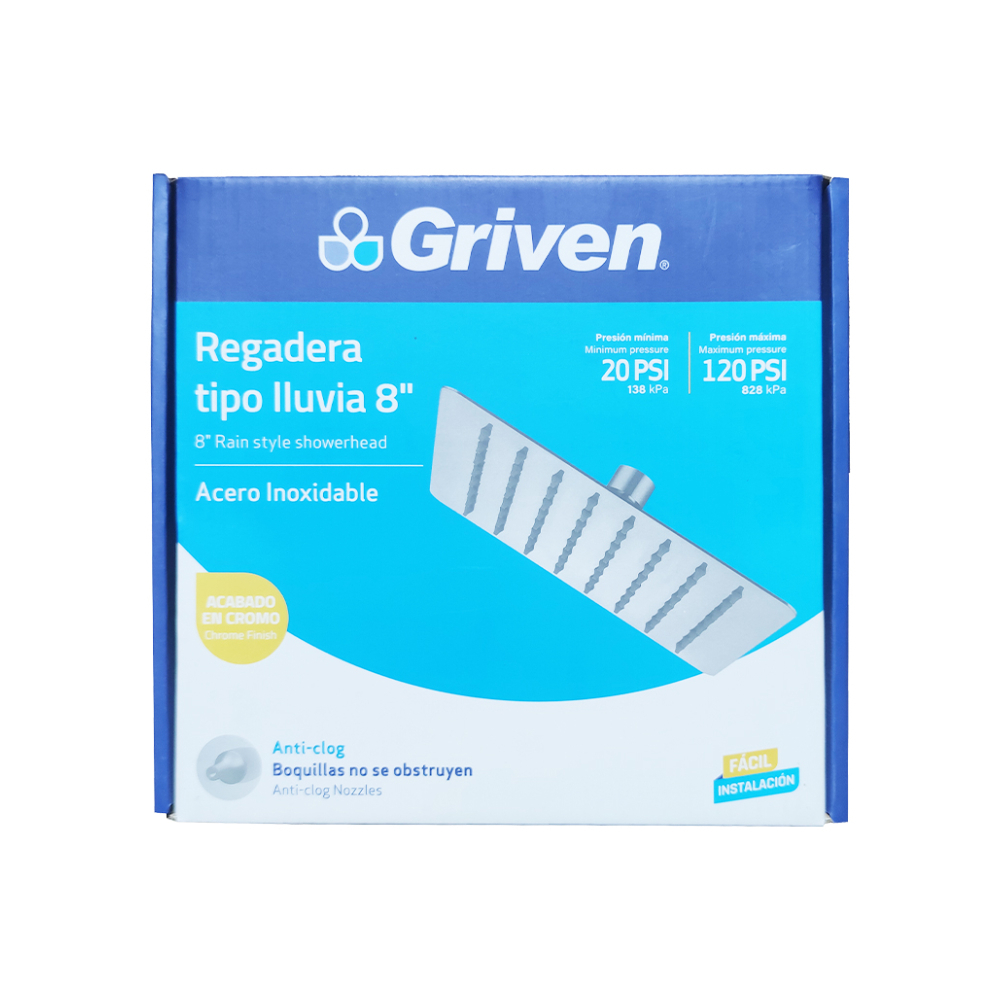 Regadera cuadrada para ducha de 8". Tipo lluvia con acabado en cromo Griven - Miniatura 4