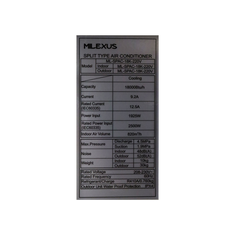 Aire acondicionado tipo split de 1.5 tonelada Milexus ML-SPAC-18K-220V - Miniatura 3