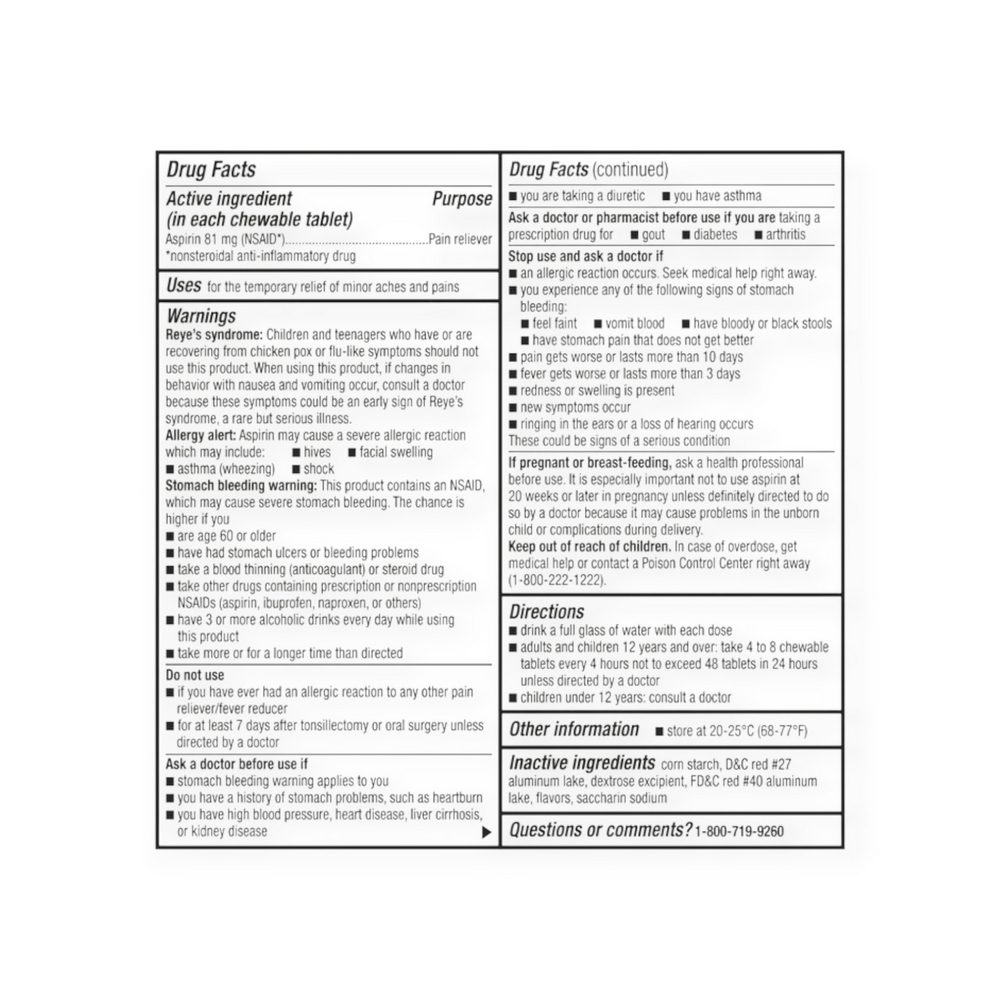 Aspirina. Ácido acetilsalicílico 81 mg Equate (108 tabletas) - Miniatura 2