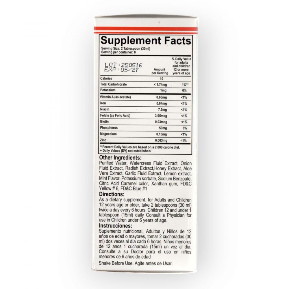 Jarabe de berro, cebolla, rábano y miel sin omega 3. Sabor menta ELP Essential (240 ml / 8 fl. oz) - Miniatura 2