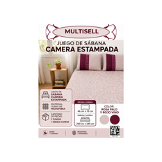 Juego de 3 piezas de sábanas estampadas color rosa palo y rojo vino Multisell - Miniatura 4